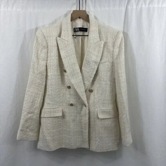 Zara Jackets & Blazers - Zara Double Breasted Textured Weave Ecru Blazer Jacket Size XL Kate Middleton